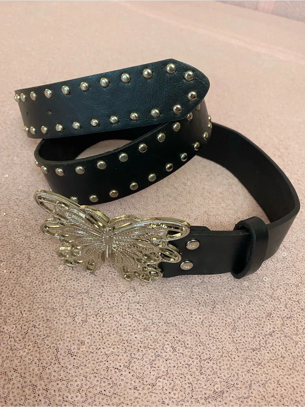 Black studded belt with silver butterfly buckle #485